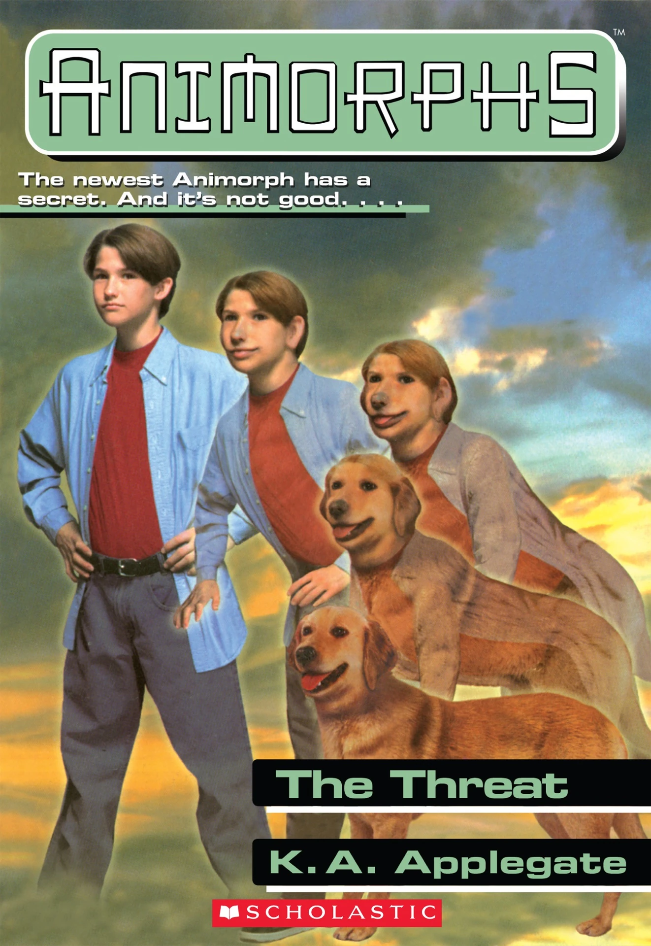 The cover of the book The Threat, showing Jake - a young boy - morphing into a happy golden retriever.