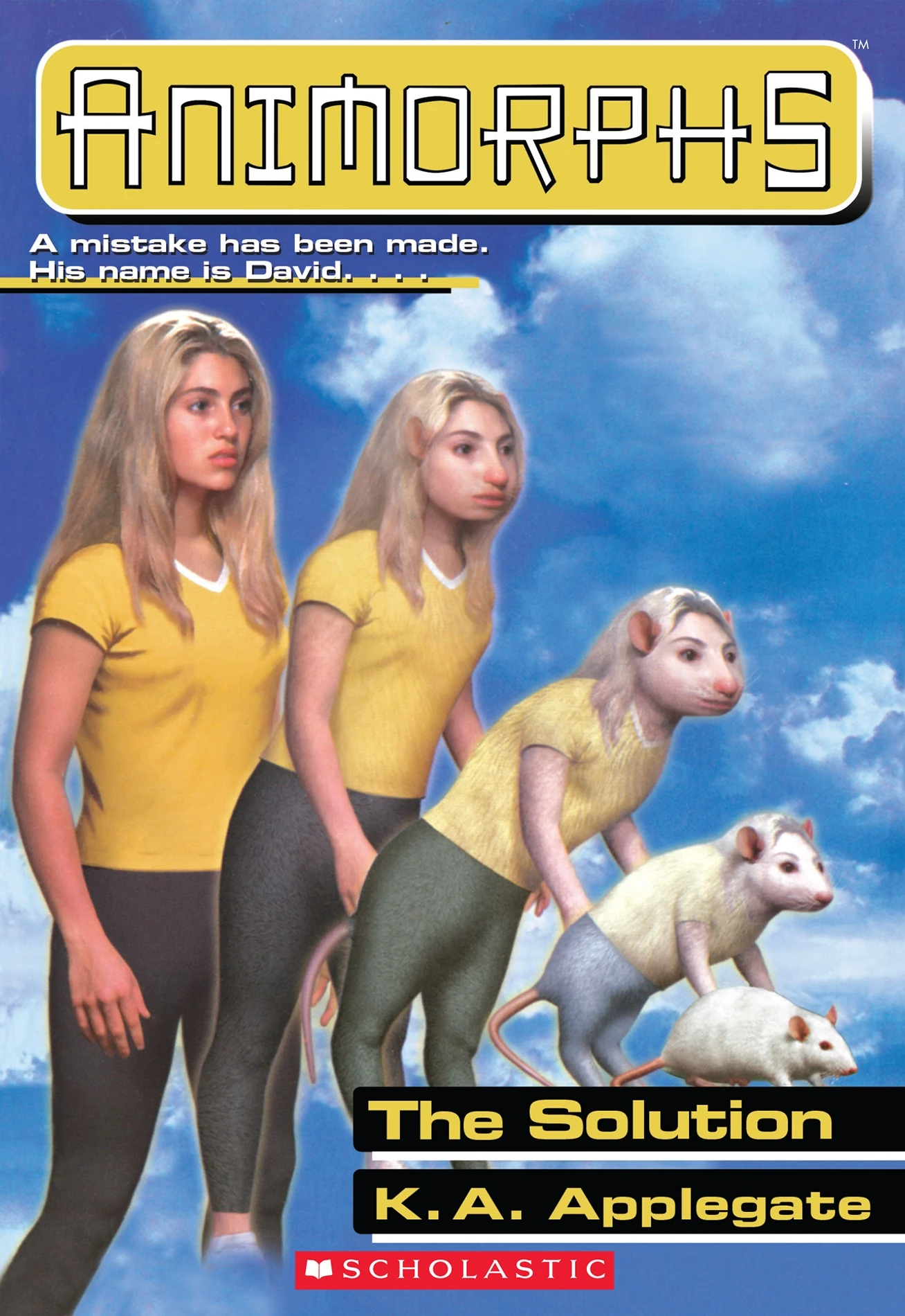 The cover of the book The Solution, showing Rachel - a young girl with blonde hair - morphing into a white rat. The tagline reads 'A mistake has been made. His name is David....'