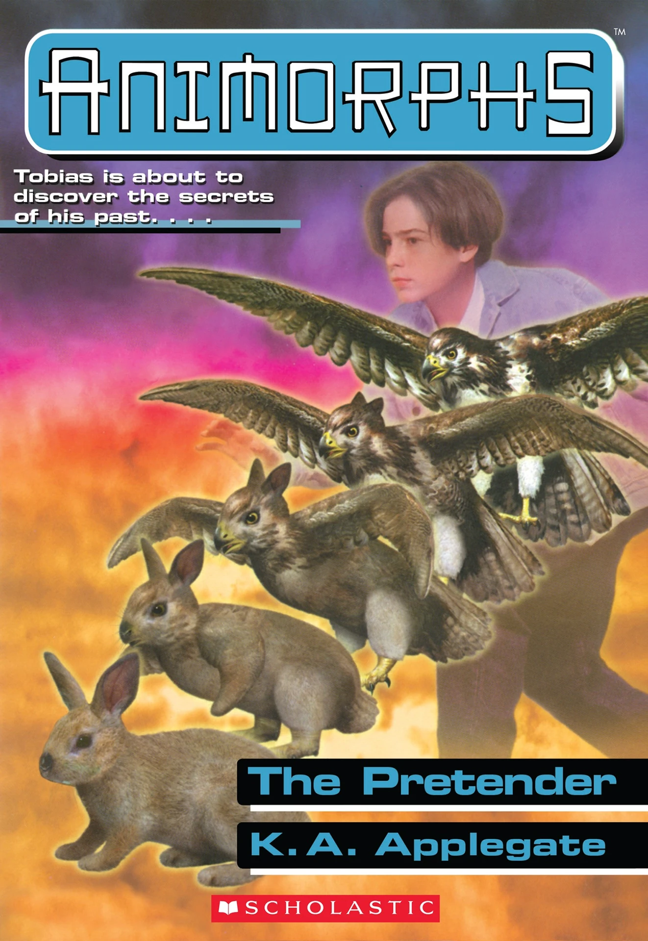 The cover of the book The Pretender, showing Tobias - a red-tailed hawk - morphing into a rabbit, with a faint image of his human form behind him. The tagline reads 'TObias is about to discover the secrets of his past....'