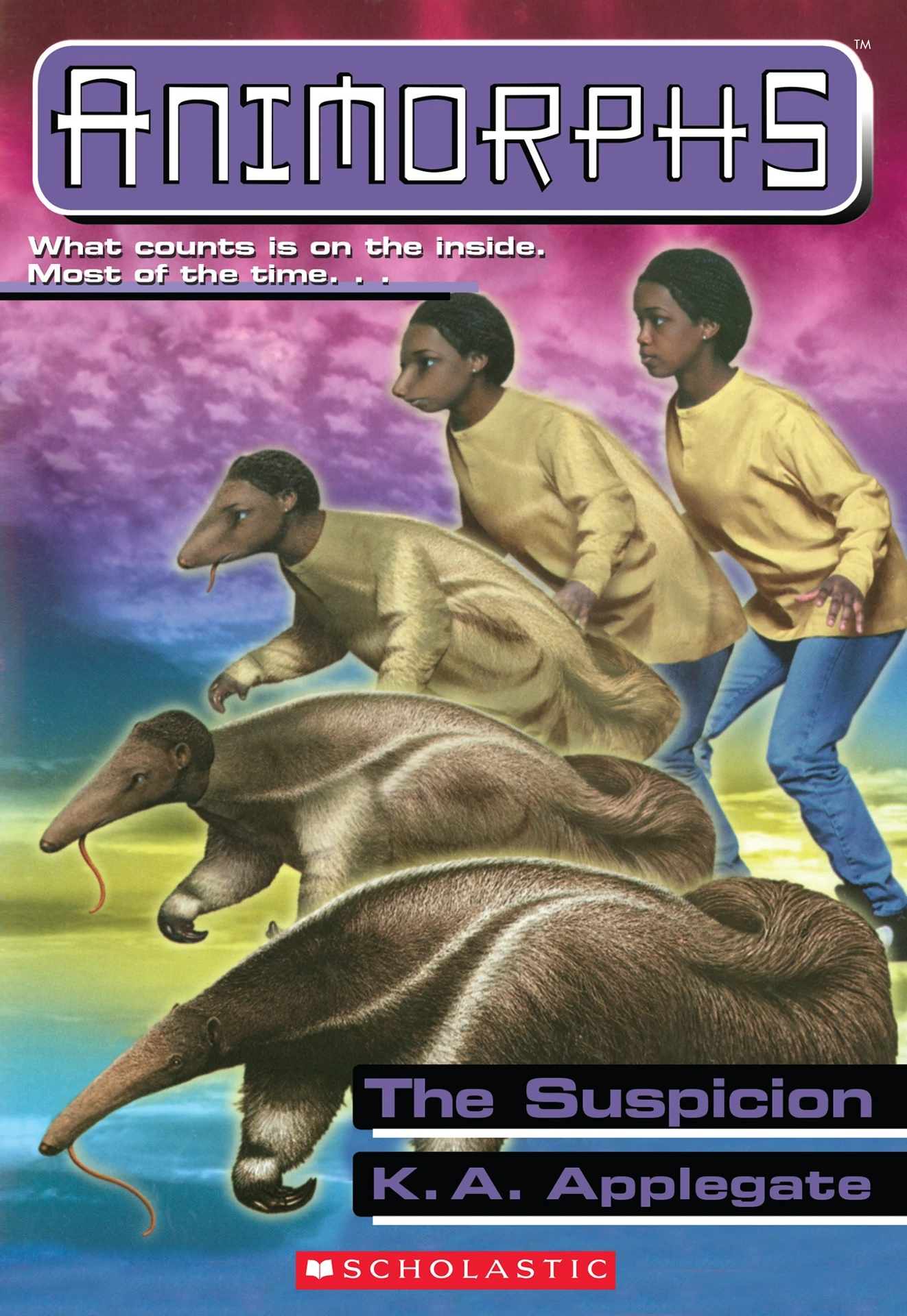 The cover of the book The Suspicion, showing Cassie - a young girl - morphing into an anteater. The tagline reads 'What counts is on the inside. Most of the time....'